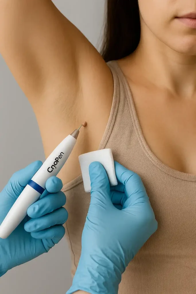 woman having cryopen to remove underarm skin tags Liverpool