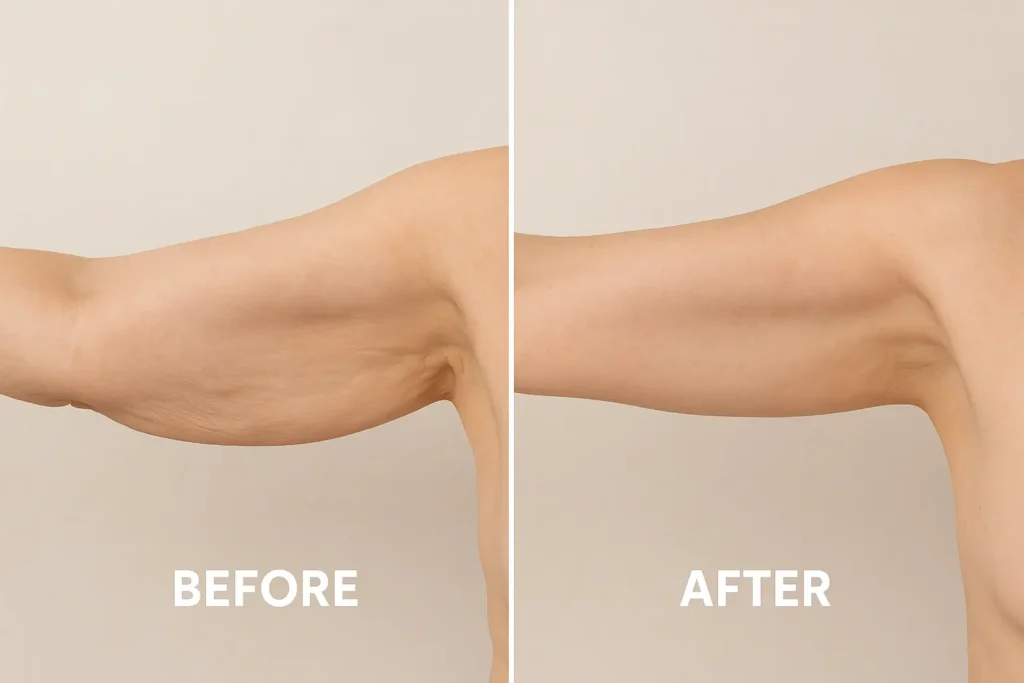 Picture of LA LIPO Liverpool before and after results of skin tightening treatment on the upper arms.