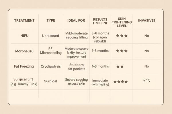 Table showing the comparisons of Skin tightening Liverpool treatment options.
